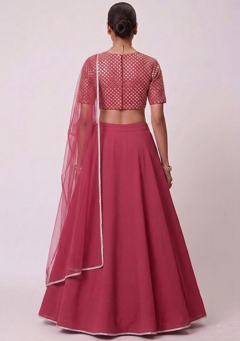 Dark Pink Embroidered Handwork Lehenga Set - Indya