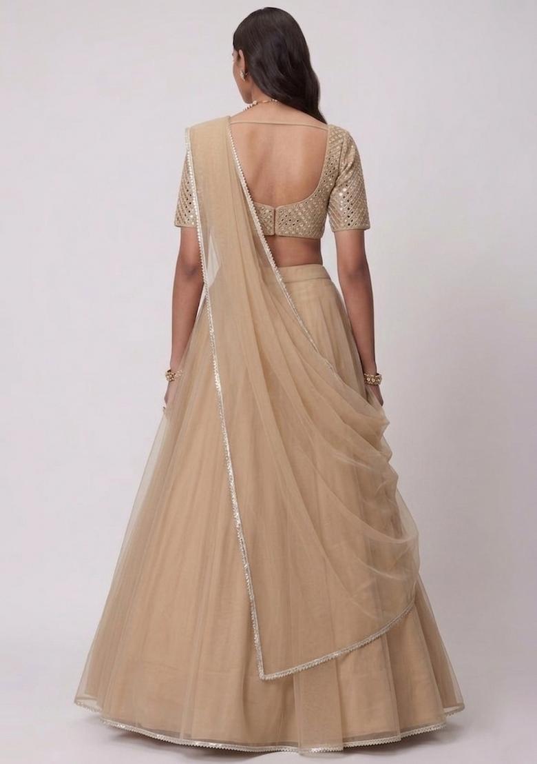 Light Beige Embroidered Handwork Lehenga Set - Indya