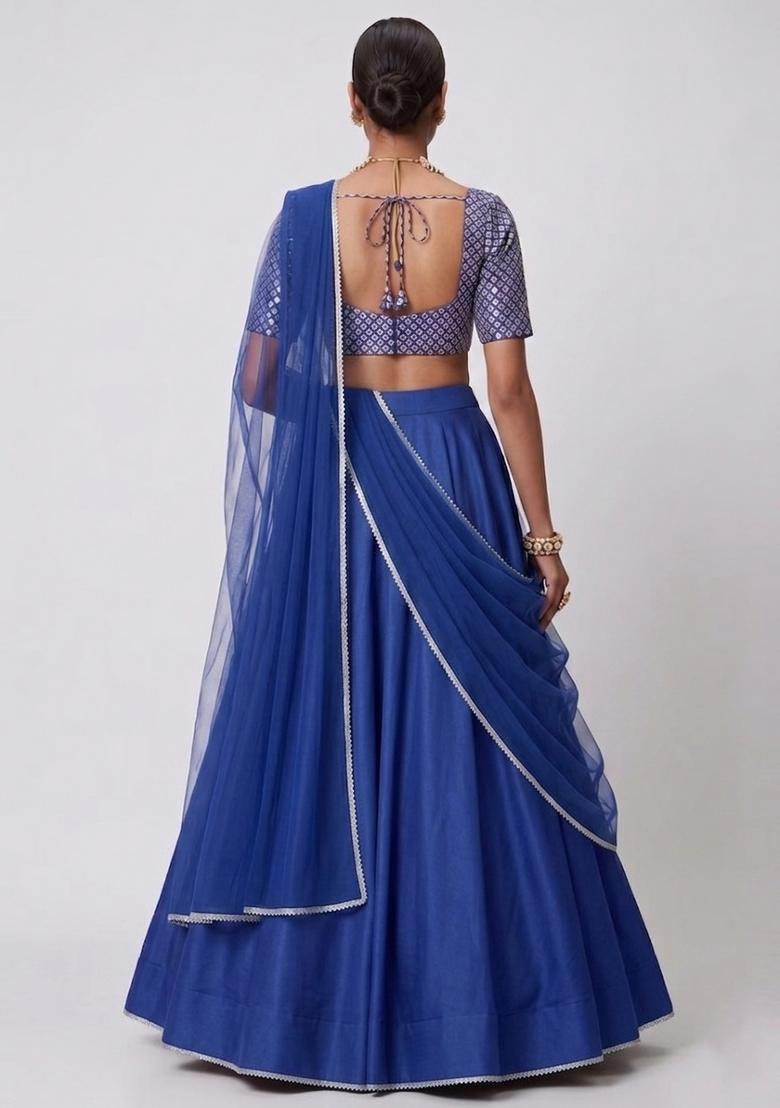 Dark Blue Embroidered Handwork Lehenga Set - Indya