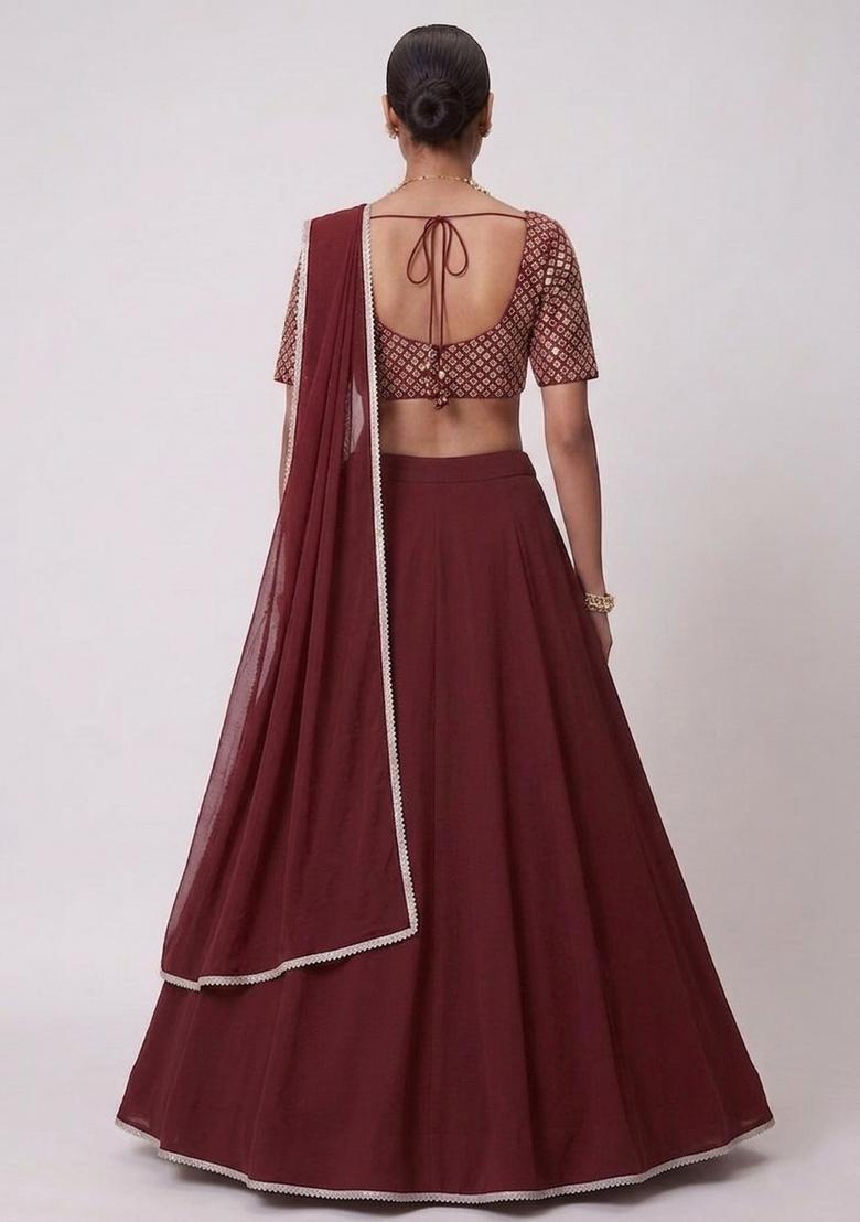 Deep Maroon Embroidered Handwork Lehenga Set - Indya