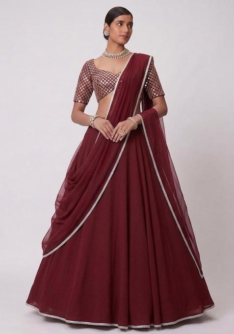 Maroon Mirror Work Handwork Lehenga Set
