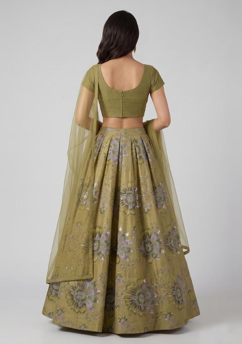 Olive Green Embroidered Handwork Lehenga Set - Indya