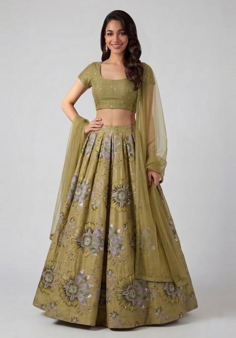 Green Embroidered Handwork Lehenga Set