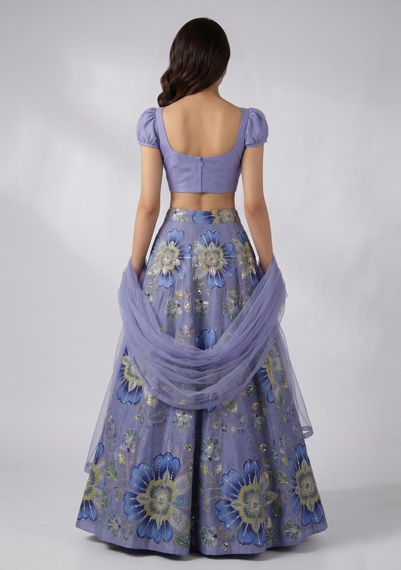 Lavender Embroidered Handwork Lehenga Set - Indya