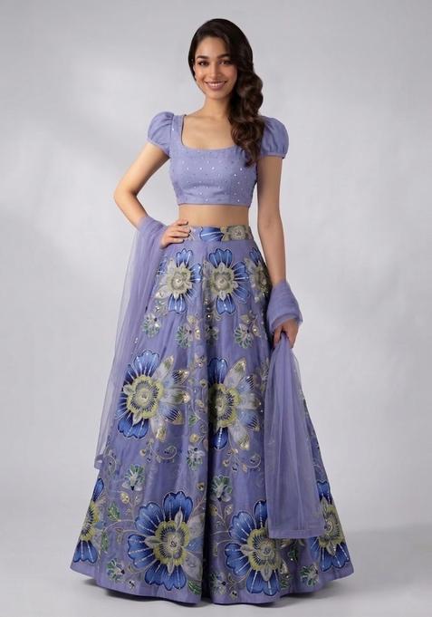 Purple Embroidered Handwork Lehenga Set