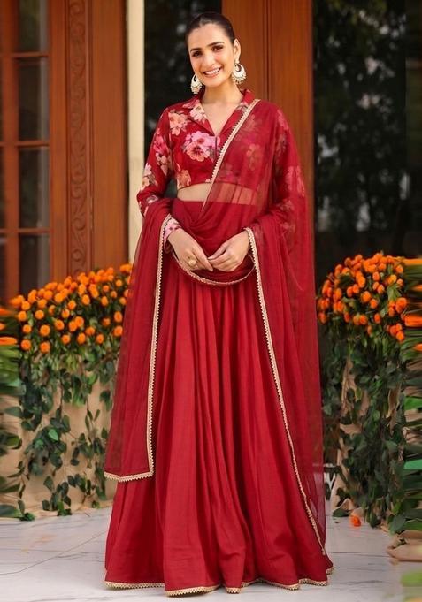 Red Printed Handwork Lehenga Set