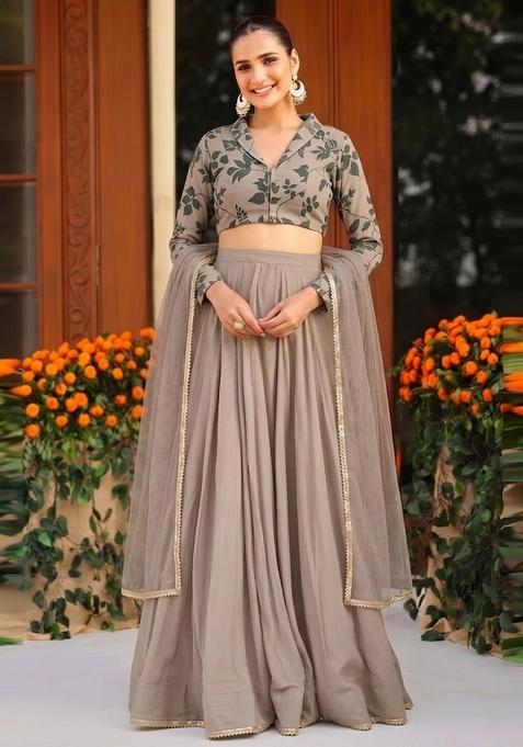 Grey Printed Handwork Lehenga Set
