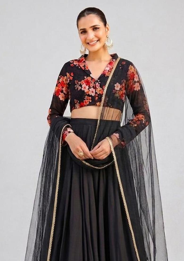 Black Embroidered Handwork Lehenga Set - Indya