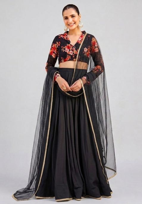 Black Printed Handwork Lehenga Set