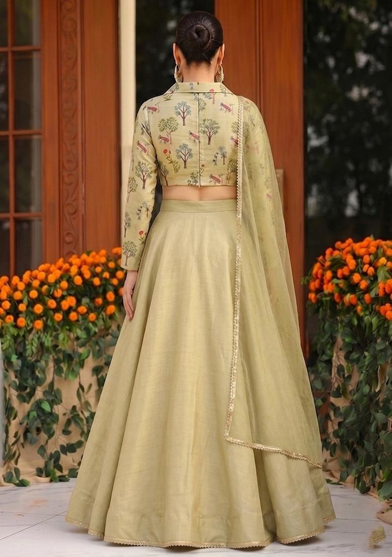 Olive Green Embroidered Handwork Lehenga Set - Indya