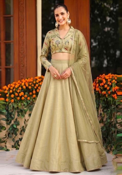 Green Printed Handwork Lehenga Set