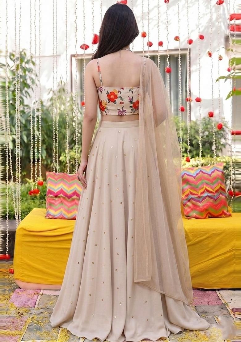 Beige Embroidered Handwork Lehenga Set - Indya