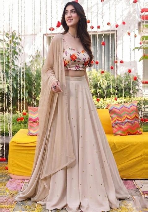 Beige Floral Print Handwork Lehenga Set