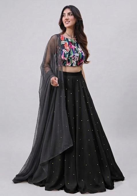 Black Abstract Print Handwork Lehenga Set