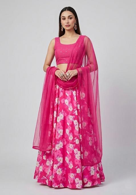 Pink Printed Handwork Lehenga Set