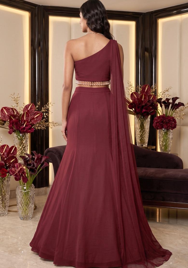 Burgundy Embroidered Handwork Lehenga Set - Indya