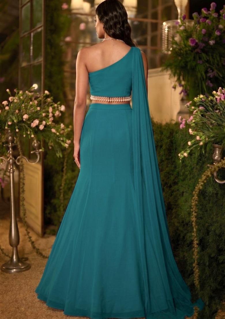 Teal Blue Hand Work Lehenga Set - Indya