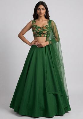 Bottle Green Embroidered Organza Lehenga Set