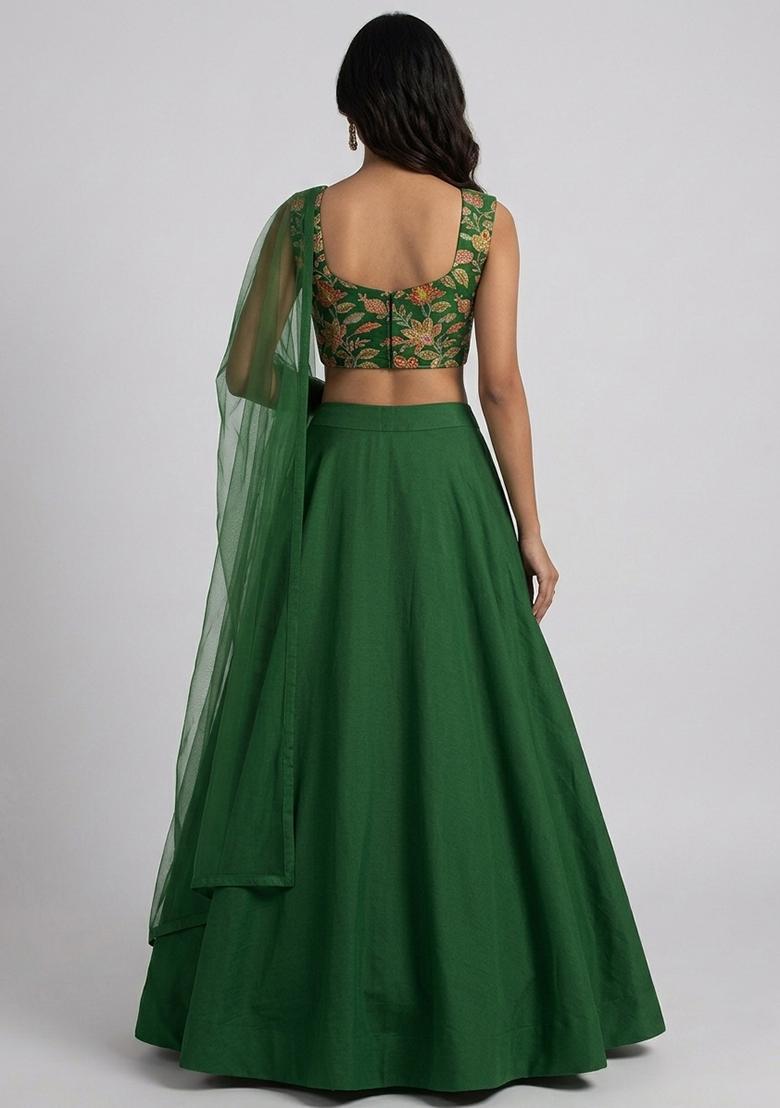 Bottle Green Embroidered Organza Lehenga Set - Indya