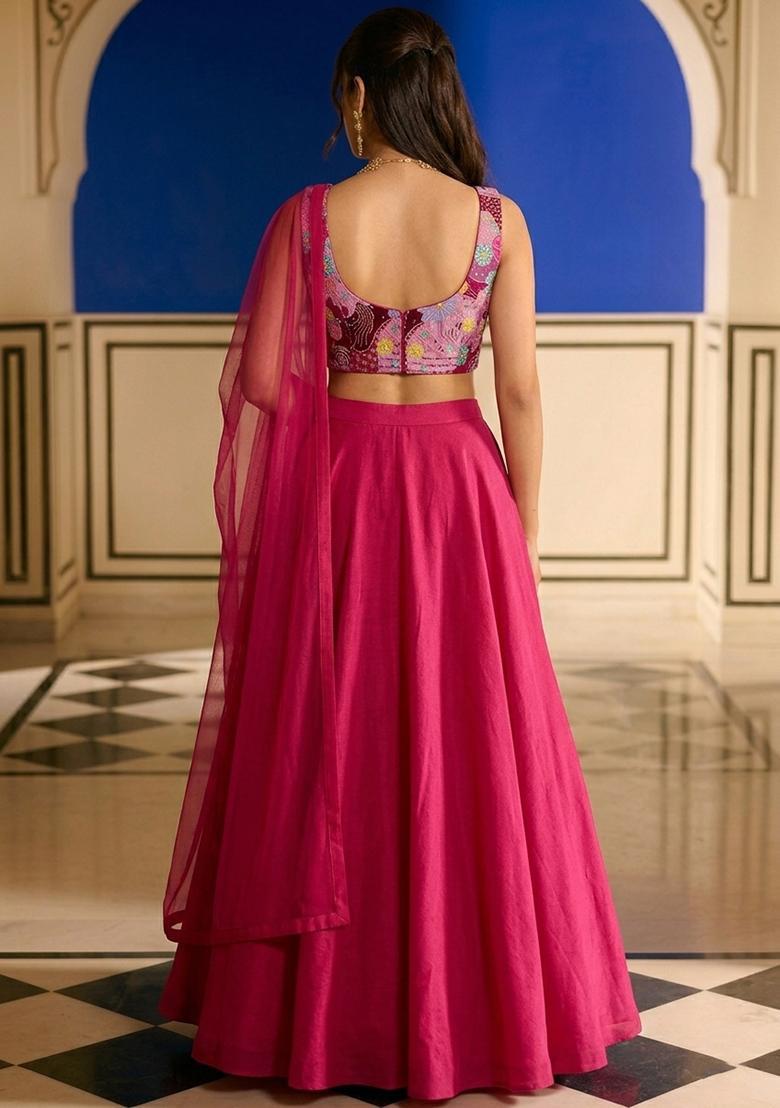 Rani Pink Printed Crepe Lehenga Set - Indya