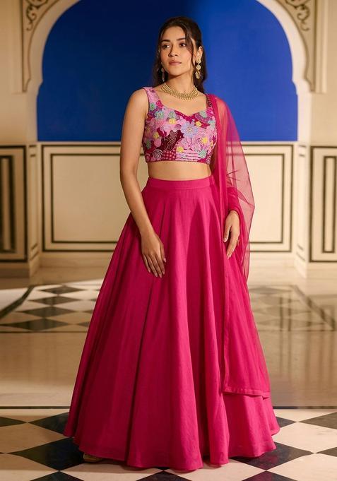 Rani Pink Embroidered Handwork Silk Blend Lehenga Set