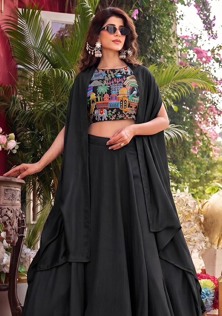 Jet Black Embroidered Crepe Lehenga Set - Indya