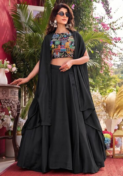 Jet Black Embroidered Handwork Silk Blend Lehenga Set
