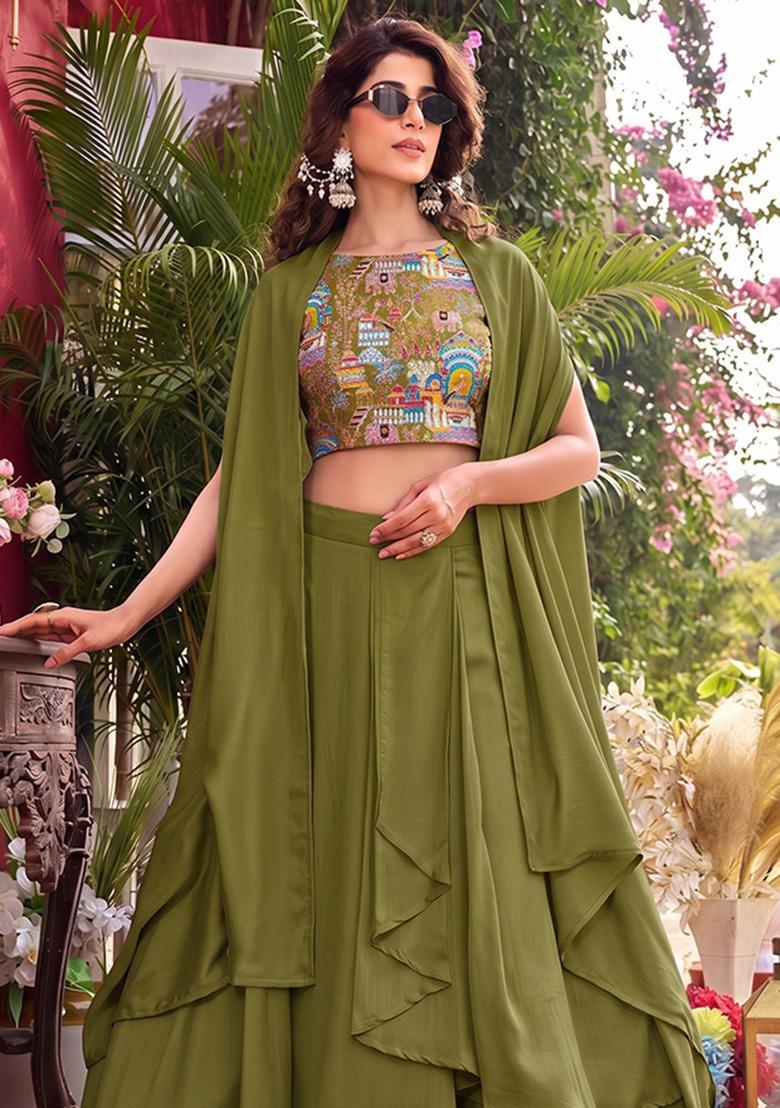 Olive Green Embroidered Crepe Lehenga Set - Indya