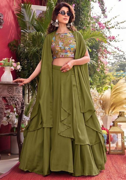 Olive Green Embroidered Handwork Silk Blend Lehenga Set