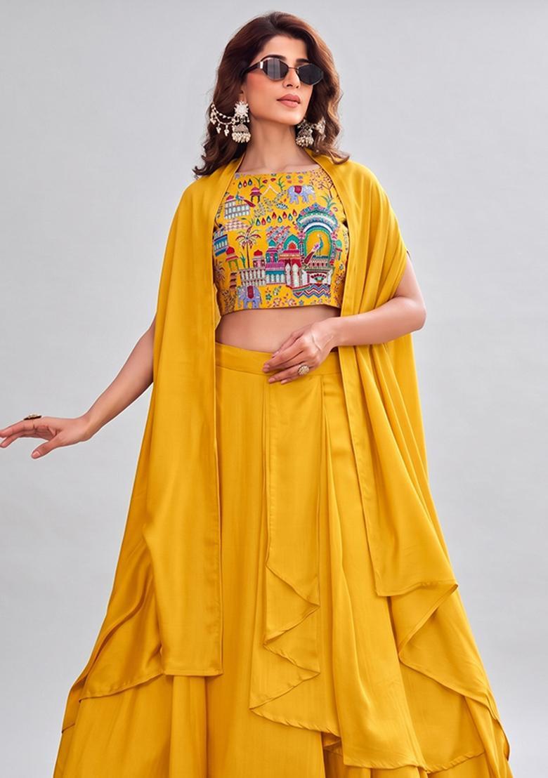 Turmeric Embroidered Crepe Lehenga Set - Indya