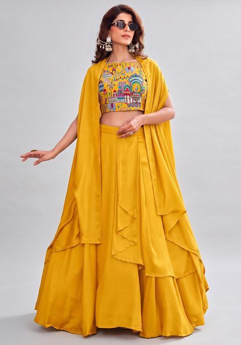 Turmeric Embroidered Handwork Silk Blend Lehenga Set