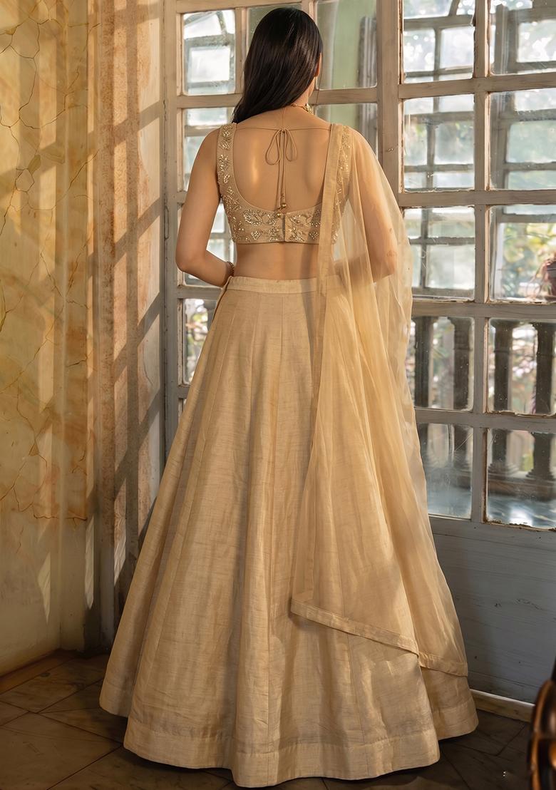Golden Embroidered Tissue Lehenga Set - Indya