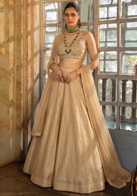 Golden Embroidered Handwork Silk Blend Lehenga Set