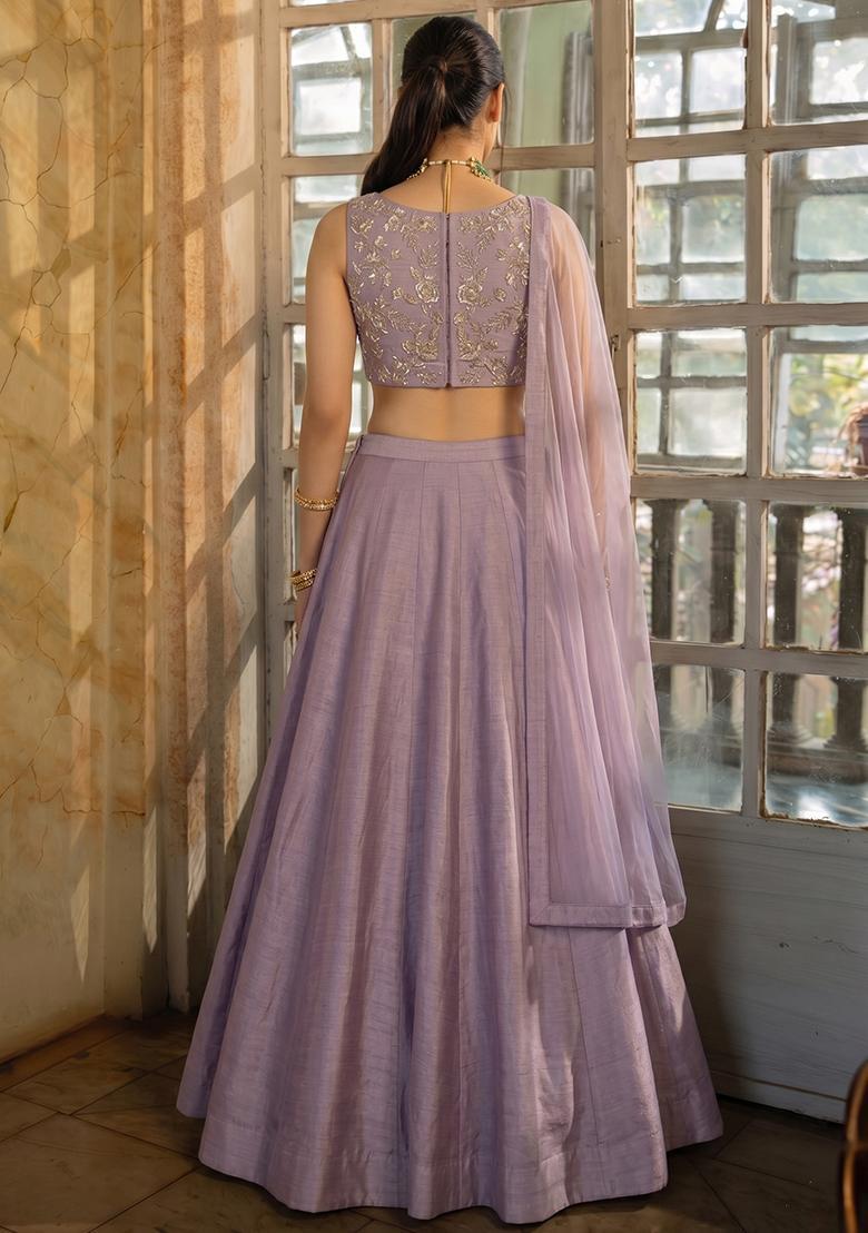 Lilac Embroidered Tissue Lehenga Set - Indya
