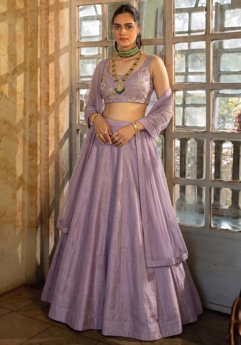 Lilac Embroidered Handwork Silk Blend Lehenga Set