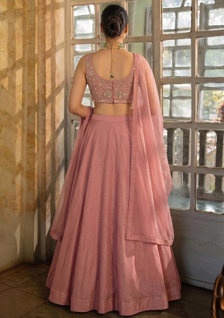 Old Rose Embroidered Tissue Lehenga Set - Indya