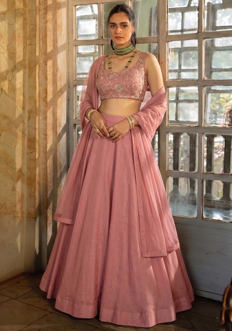 Old Rose Embroidered Handwork Silk Blend Lehenga Set