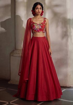 Deep Red Embroidered Organza Lehenga Set