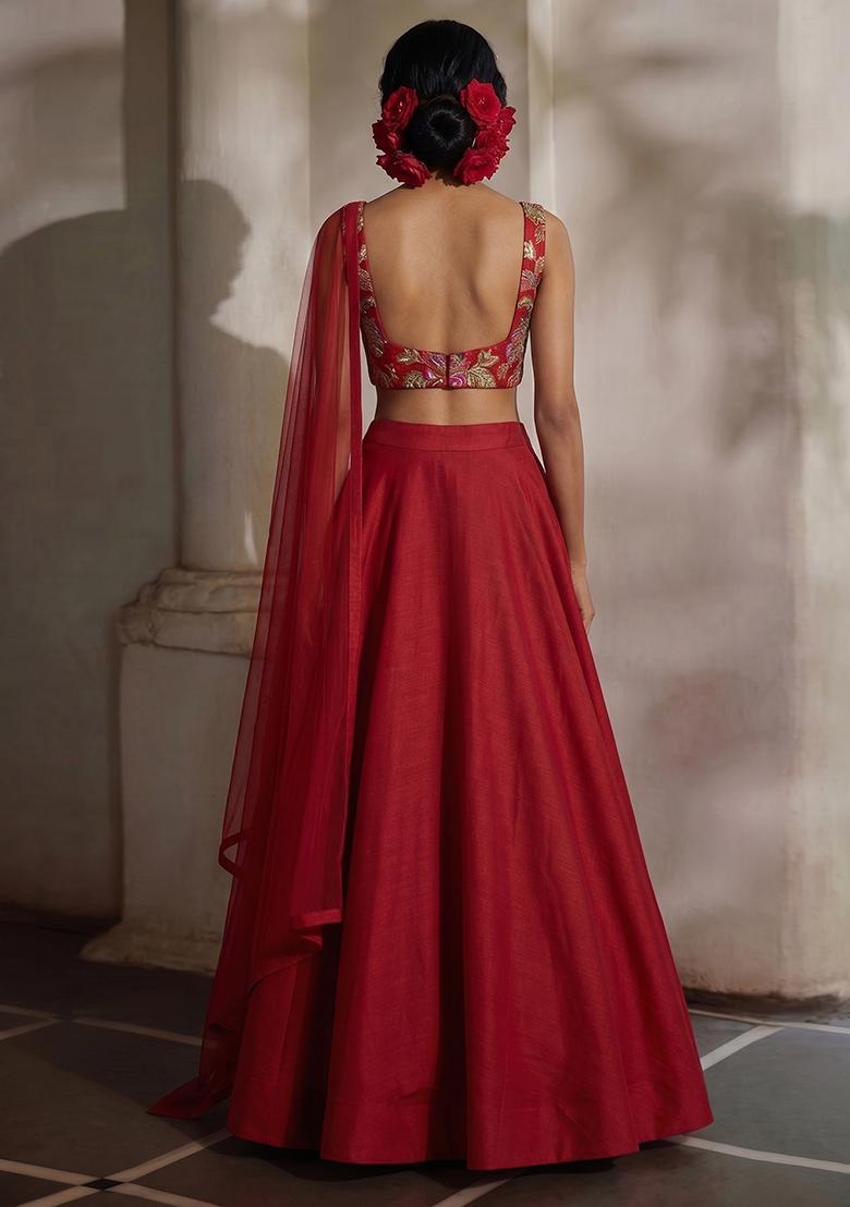 Deep Red Embroidered Organza Lehenga Set - Indya