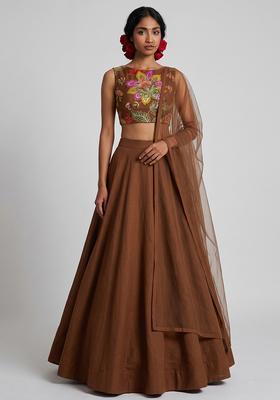 Coffee Brown Embroidered Organza Lehenga Set