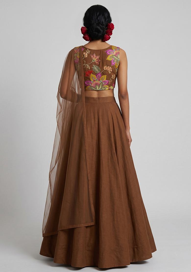 Coffee Brown Embroidered Organza Lehenga Set - Indya