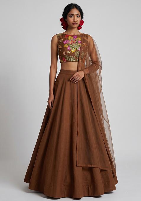 Coffee Brown Embroidered Handwork Silk Blend Lehenga Set