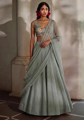 Sage Green Embroidered Organza Lehenga Set