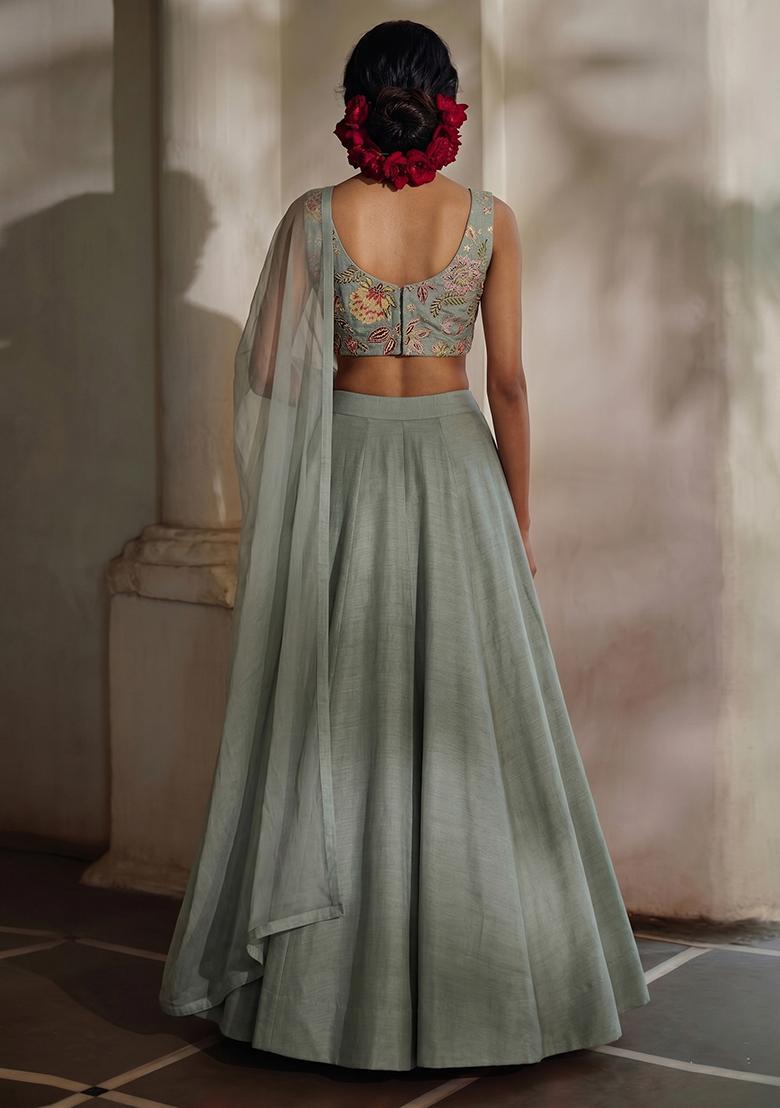 Sage Green Embroidered Organza Lehenga Set - Indya