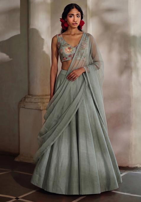 Sage Green Embroidered Handwork Silk Blend Lehenga Set