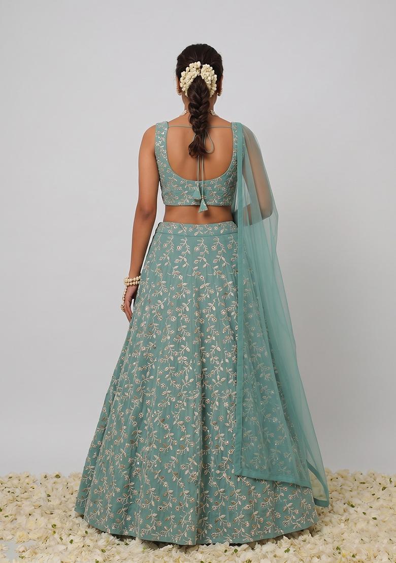 Sea Green Sequin Georgette Lehenga Set - Indya