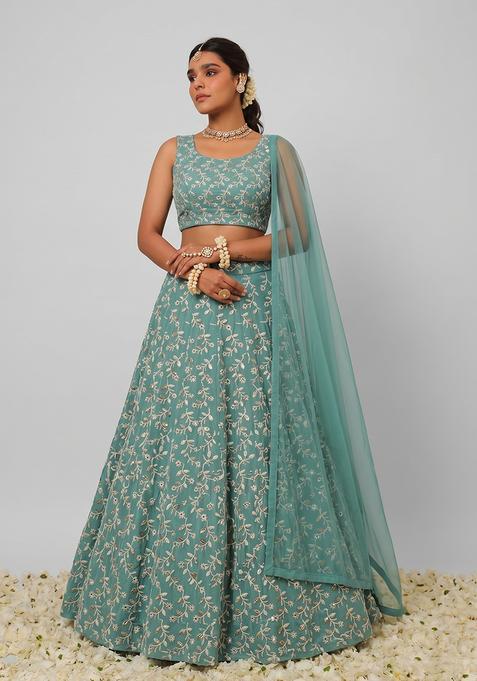 Sea Green Embroidered Georgette Lehenga Set