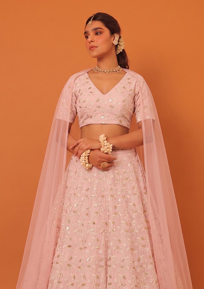 Soft Pink Sequin Georgette Lehenga Set - Indya