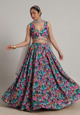 Multi Color Printed Chinon Lehenga Set