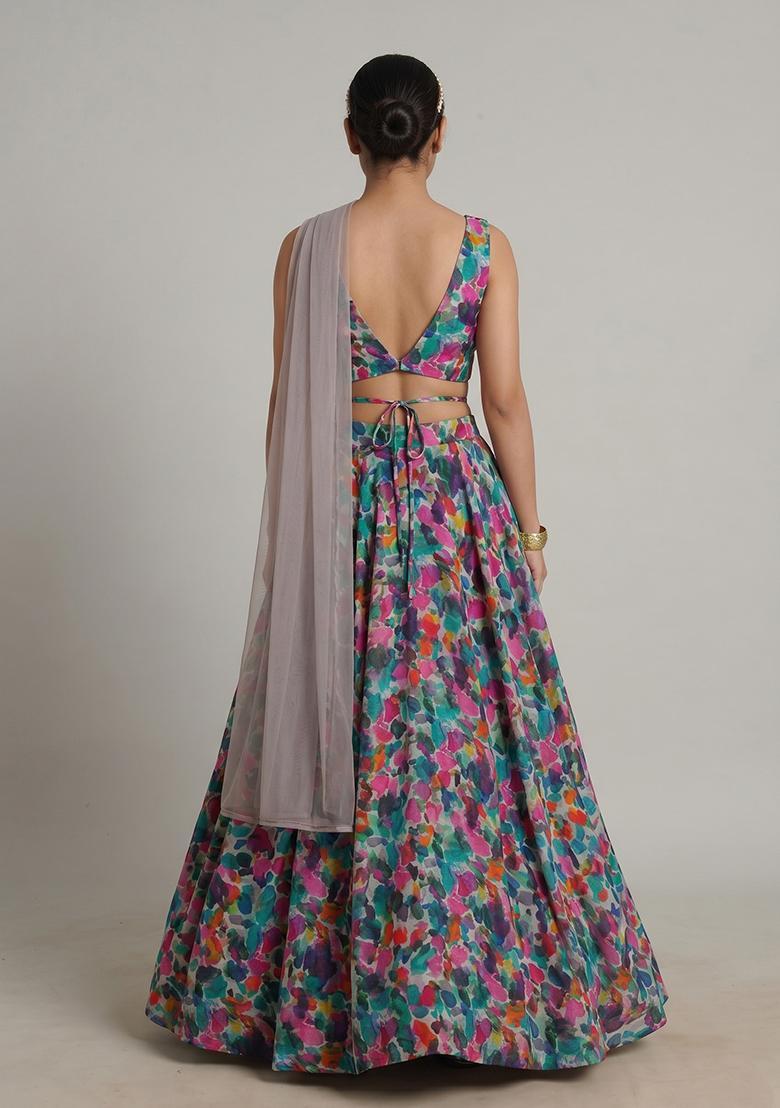 Multi Color Printed Chinon Lehenga Set - Indya